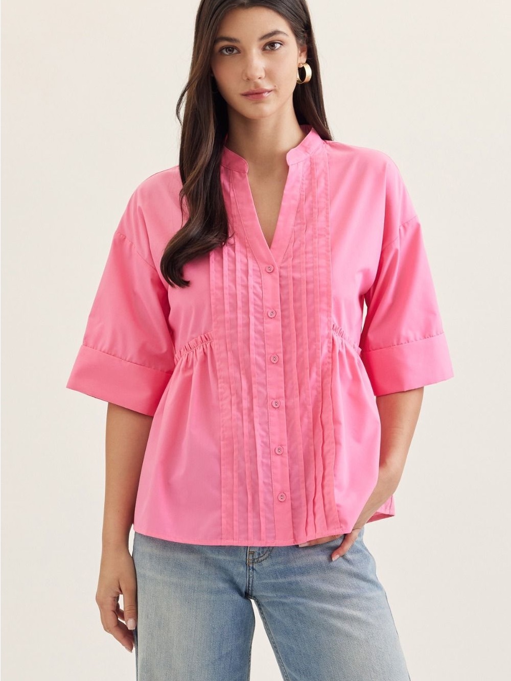 NWT ENTRO Women's Pink Pintuck Button-Front Top